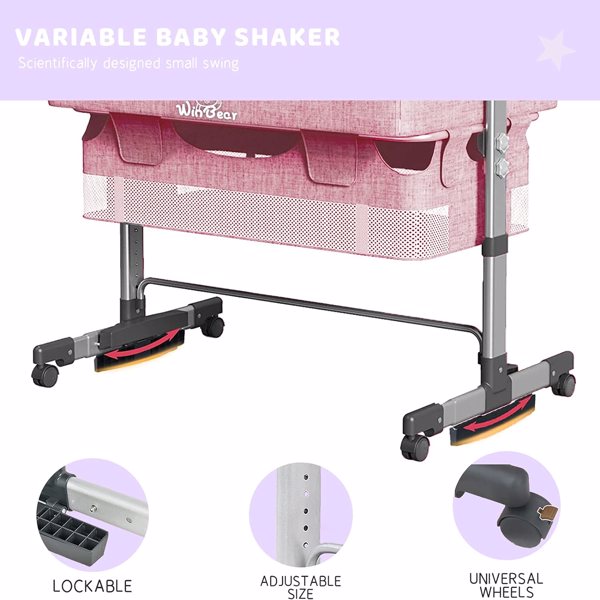 3合1床边婴儿床，可调节的便携式婴儿/婴儿/新生儿床，配有蚊帐，大收纳袋，舒适的床垫，可锁轮，粉色-4