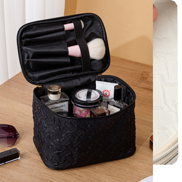 黑色高级大容量便携旅行化妆包，多功能化妆品组织者，防污，手持式方形包-1