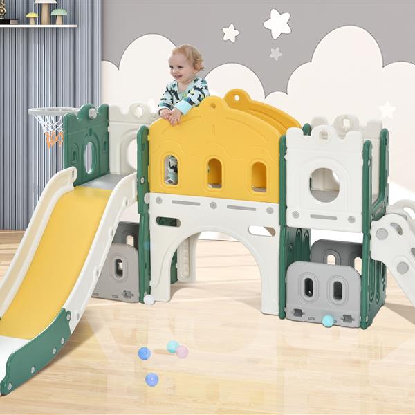 儿童滑梯玩具组合结构，带滑梯和篮球架的独立式城堡攀爬架，幼儿玩具收纳架，儿童攀爬游戏屋，适用于室内外游乐场活动-5