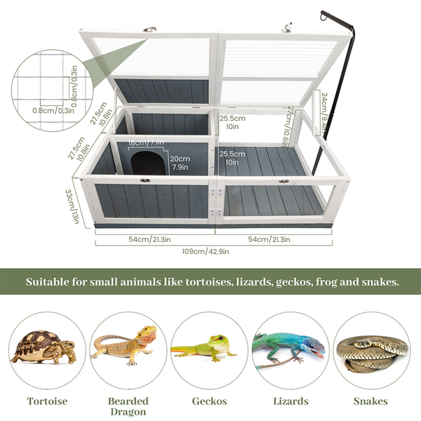 超大乌龟屋带灯座的木制乌龟围栏，室内乌龟栖息地室外爬行动物笼 ﻿-2