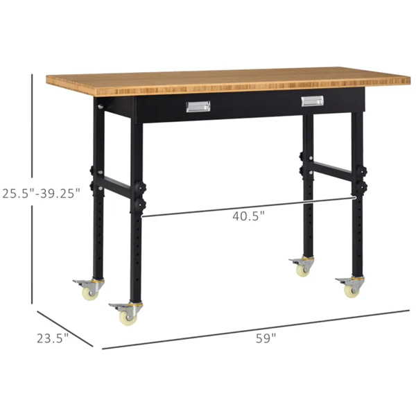 59“车库工作台，带抽屉和轮子，高度可调节腿，竹桌面工作站工具桌-4