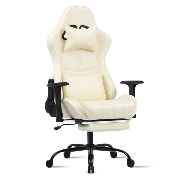 成人电脑游戏椅，适合体重较重人士使用的人体工学电脑椅，可调节腰靠背办公桌椅（带脚踏板），360° 旋转座椅 PU 皮革游戏椅，米白色-1