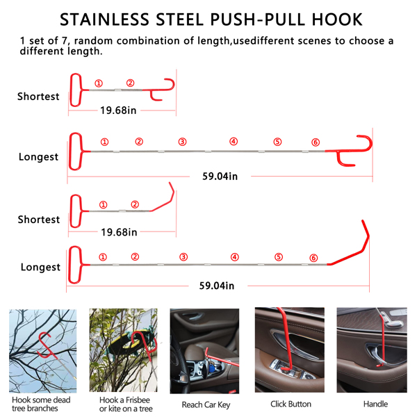 63件汽车装饰拆卸工具，自动推针保险杠固定夹套件紧固件端子拆卸工具粘性电缆夹撬套件汽车面板收音机拆卸自动夹钳 不锈钢长距离汽车应急钥匙钩工具-4