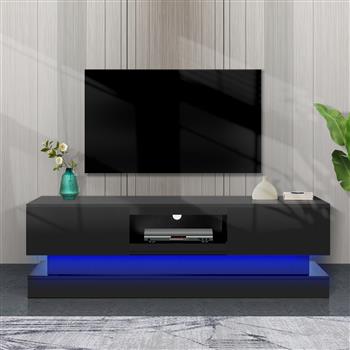 51.18 英寸黑色现代电视柜，带 LED 灯，高光泽正面电视柜，可组装在休息室、客厅或卧室，颜色：黑色