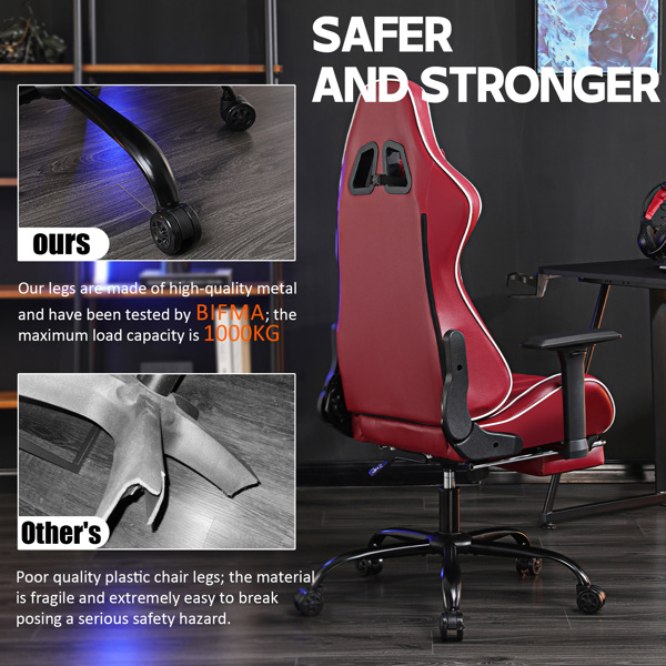 成人电脑游戏椅，适合体重较重人士使用的人体工学电脑椅，可调节腰靠背办公桌椅（带脚踏板），360° 旋转座椅 PU 皮革游戏椅，酒红-5