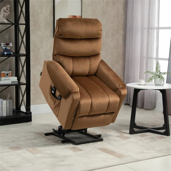 棕色灰色天鹅绒躺椅，动力升降椅，振动按摩，遥控-8