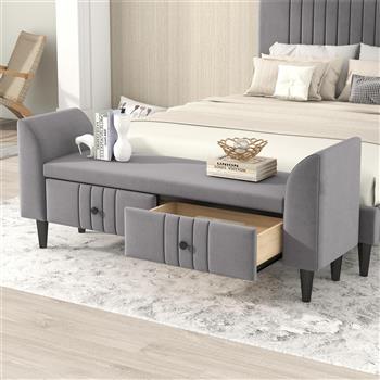 带 2 个抽屉的软垫木制储物凳，适用于卧室，除腿和把手外已完全组装，灰色