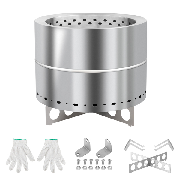 19.3*19.3*16.7in 圆柱形 一体宽边式 烧柴火盆 不锈钢 银色 无烟炉 带提手 带十字底座 带收纳袋-12