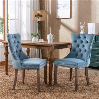 现代高端簇绒实木当代天鹅绒软垫餐椅，带木腿钉头饰边 2 件套，浅蓝色，SW2001LB