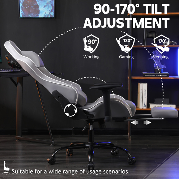 成人电脑游戏椅，适合体重较重人士使用的人体工学电脑椅，可调节腰靠背办公桌椅（带脚踏板），360° 旋转座椅 PU 皮革游戏椅，浅灰-3