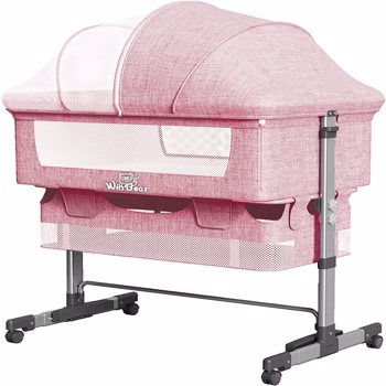 3合1床边婴儿床，可调节的便携式婴儿/婴儿/新生儿床，配有蚊帐，大收纳袋，舒适的床垫，可锁轮，粉色