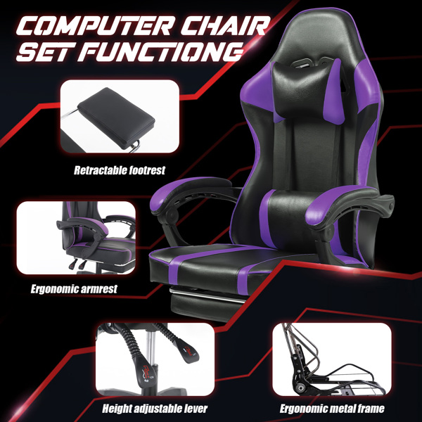 带脚踏板的人体工学游戏椅，适合体重较重人士使用的舒适电脑椅，可调节腰靠背办公椅，带 360° 旋转座椅，成人用 PU 皮革游戏椅，紫色-6
