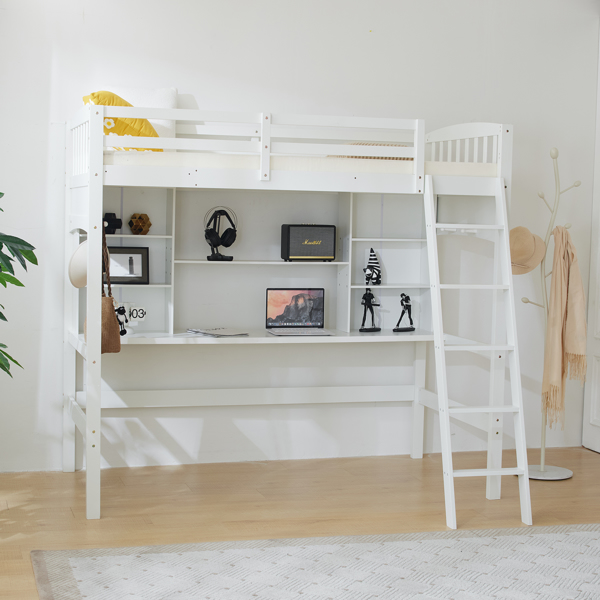 高架床 带层架 带书桌 斜梯 白色 twin 木床  松木 刨花板 N101-12