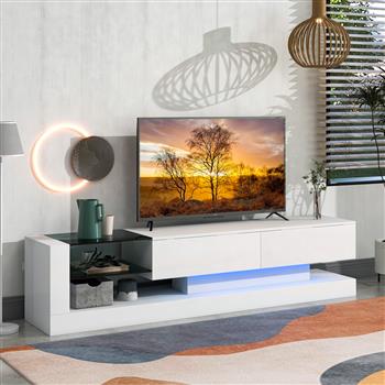 时尚电视柜，带两个媒体存储柜，现代高光娱乐中心，适用于 75 英寸电视，16 色 RGB LED 变色灯，适用于客厅，白色