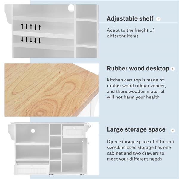 带储物柜和两个锁定轮的厨房岛推车、实木桌面、微波炉柜、落地式自助餐服务器餐柜，适用于厨房、餐厅、浴室（白色）-3