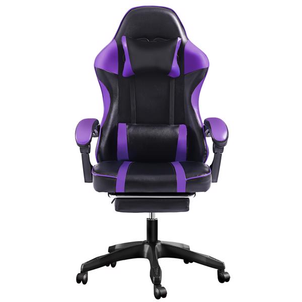 带脚踏板的人体工学游戏椅，适合体重较重人士使用的舒适电脑椅，可调节腰靠背办公椅，带 360° 旋转座椅，成人用 PU 皮革游戏椅，紫色-1