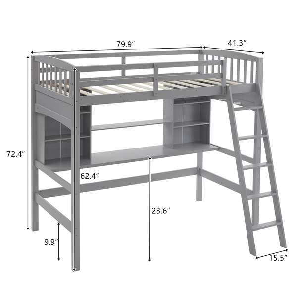高架床 带层架 带书桌 斜梯 灰色 twin 木床松木 刨花板-3