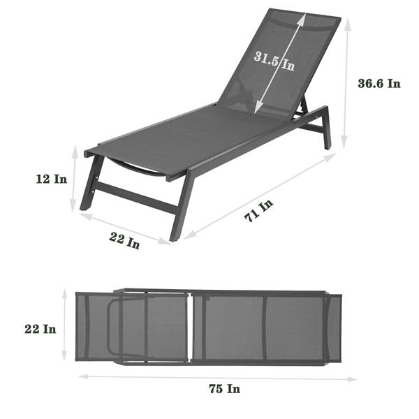 户外躺椅，五档可调节铝制躺椅，适合全天候露台、海滩、庭院、泳池（灰色框架/深灰色面料）-7
