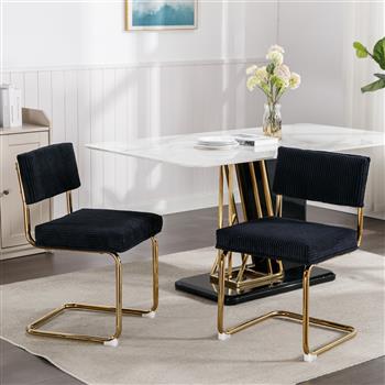 家具，现代餐椅，灯芯绒面料，金色金属底座，带通道簇绒的无扶手厨房椅，侧椅，2 件套，黑色