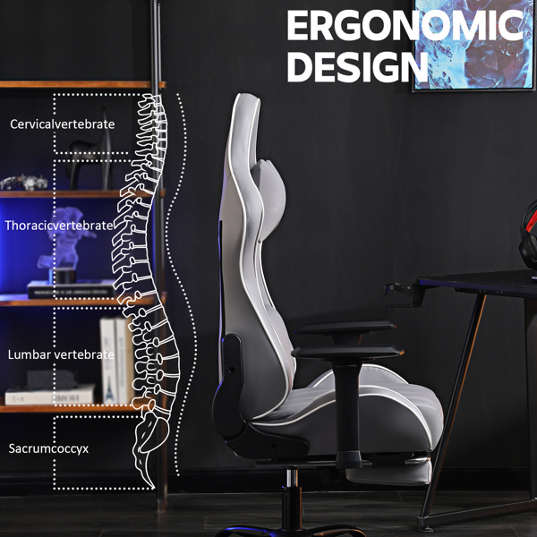 成人电脑游戏椅，适合体重较重人士使用的人体工学电脑椅，可调节腰靠背办公桌椅（带脚踏板），360° 旋转座椅 PU 皮革游戏椅，浅灰-2