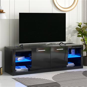 时尚现代电视柜，带 2 个钢化玻璃搁板，高光泽娱乐中心，可容纳 70 英寸电视，优雅电视柜带 LED 变色灯，适合客厅，黑色