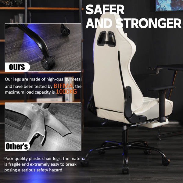成人电脑游戏椅，适合体重较重人士使用的人体工学电脑椅，可调节腰靠背办公桌椅（带脚踏板），360° 旋转座椅 PU 皮革游戏椅，米白色-6