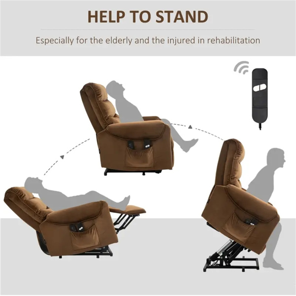 棕色灰色天鹅绒躺椅，动力升降椅，振动按摩，遥控-2