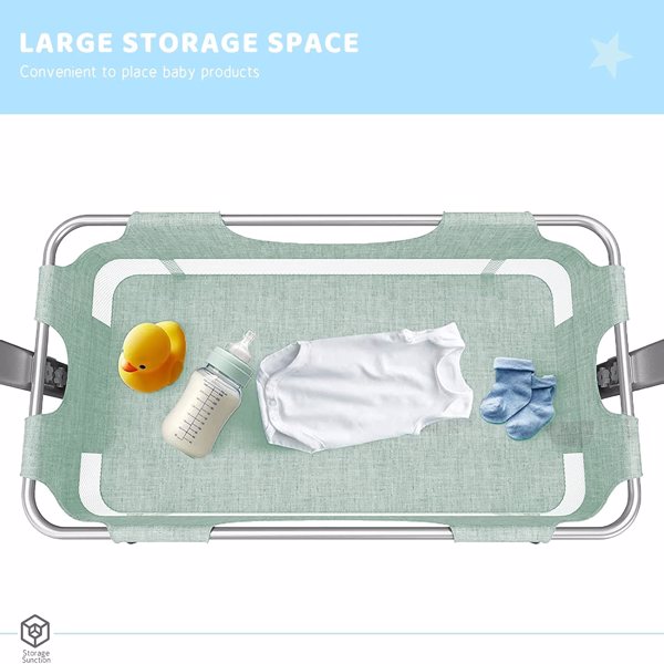 3合1床边婴儿床，可调节的便携式婴儿/婴儿/新生儿床，配有蚊帐，大收纳袋，舒适的床垫，可锁轮，绿色-7