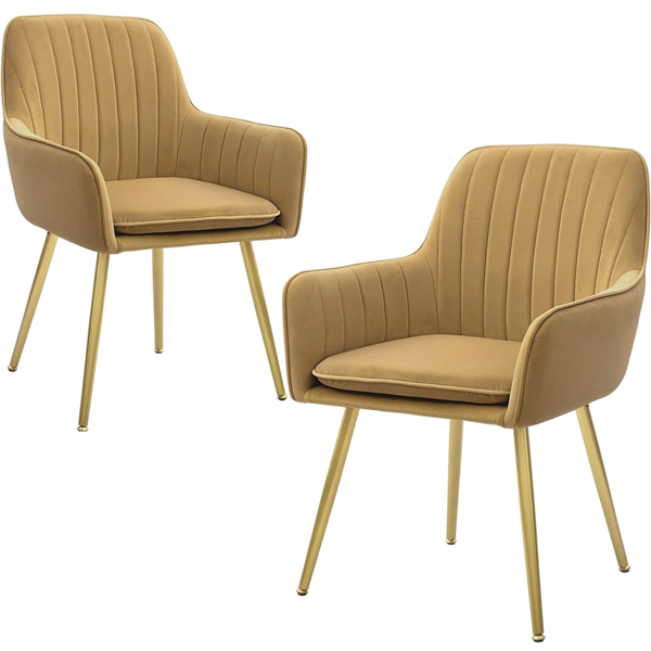 绒布椅子天鹅绒客厅餐厅一套2把扶手椅软垫座椅俱世纪中期椅子与金金属腿-1