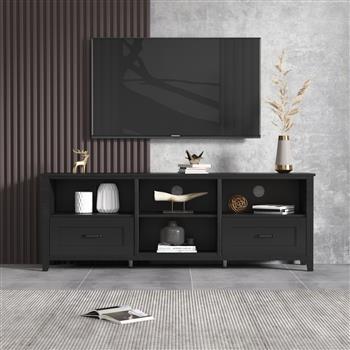 70.08 英寸长黑色电视柜，适用于客厅和卧室，配有 2 个抽屉和 4 个大容量储物格。