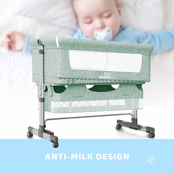 3合1床边婴儿床，可调节的便携式婴儿/婴儿/新生儿床，配有蚊帐，大收纳袋，舒适的床垫，可锁轮，绿色-2