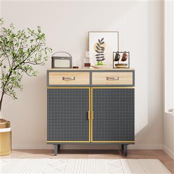 31.5 英寸宽 2 抽屉餐柜，现代家具装饰，采用铁+碳化竹制成，易于组装
