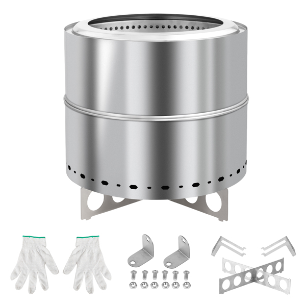 19.3*19.3*19.3in 圆柱形 分体式 烧柴火盆 不锈钢 银色 无烟炉 带提手 带十字底座 带聚火盘 带收纳袋-12