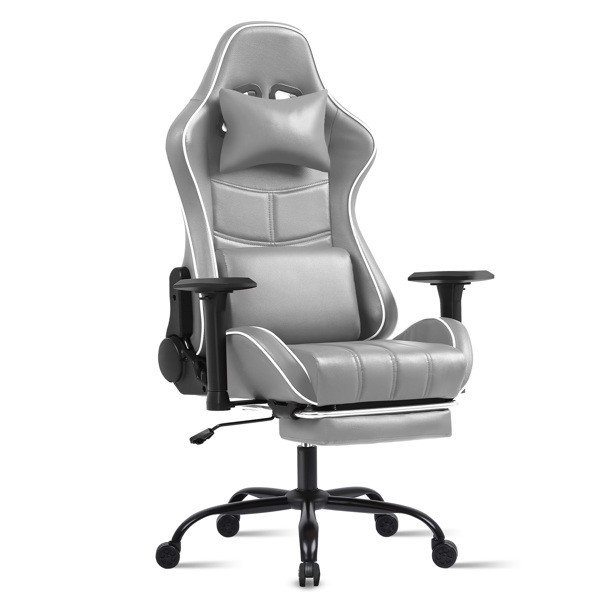 成人电脑游戏椅，适合体重较重人士使用的人体工学电脑椅，可调节腰靠背办公桌椅（带脚踏板），360° 旋转座椅 PU 皮革游戏椅，浅灰-1