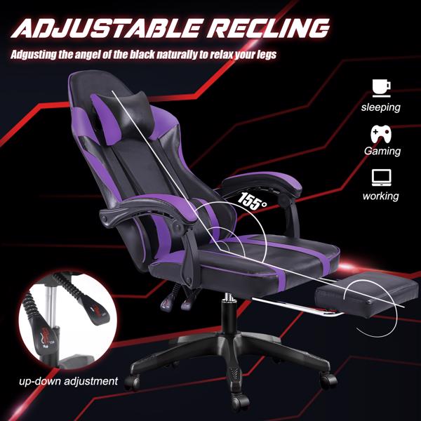 带脚踏板的人体工学游戏椅，适合体重较重人士使用的舒适电脑椅，可调节腰靠背办公椅，带 360° 旋转座椅，成人用 PU 皮革游戏椅，紫色-3