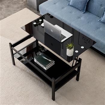 玻璃升降式咖啡桌，现代简约 2 层钢化玻璃咖啡桌，适用于客厅，黑色