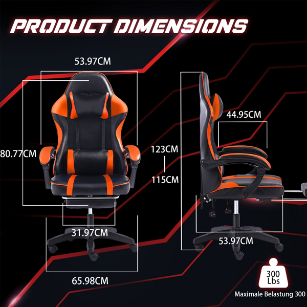 带脚踏板的人体工学游戏椅，适合体重较重人士使用的舒适电脑椅，可调节腰靠背办公椅，带 360° 旋转座椅，成人用 PU 皮革游戏椅，橙色-7