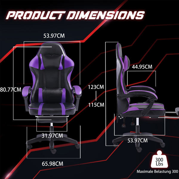 带脚踏板的人体工学游戏椅，适合体重较重人士使用的舒适电脑椅，可调节腰靠背办公椅，带 360° 旋转座椅，成人用 PU 皮革游戏椅，紫色-5