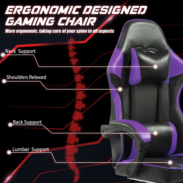 带脚踏板的人体工学游戏椅，适合体重较重人士使用的舒适电脑椅，可调节腰靠背办公椅，带 360° 旋转座椅，成人用 PU 皮革游戏椅，紫色-4