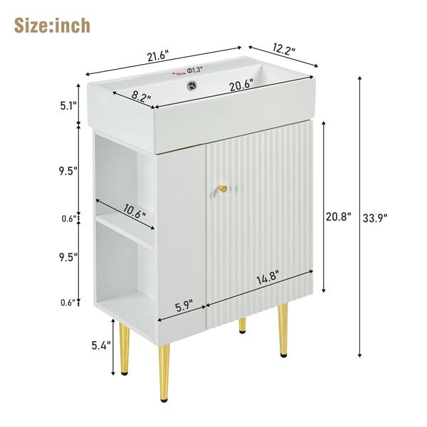 21.6 英寸白色浴室盥洗台、组合柜、浴室储物柜、单个陶瓷水槽、左侧储物柜-9