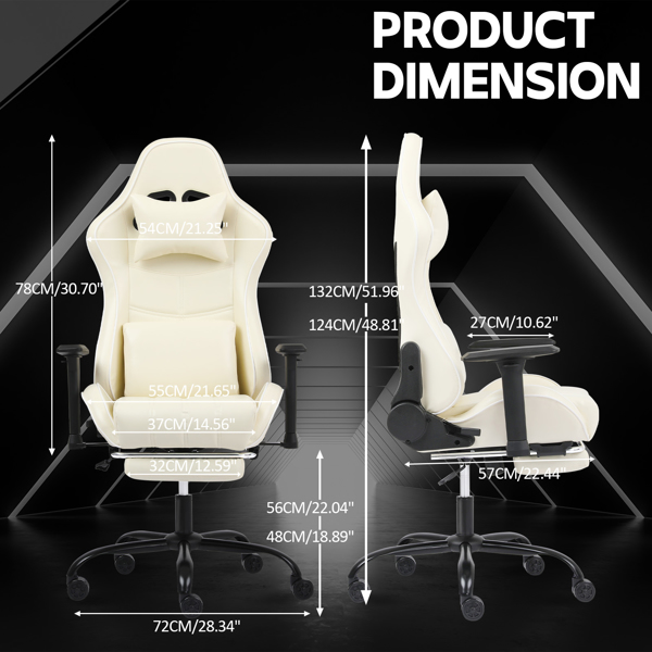 成人电脑游戏椅，适合体重较重人士使用的人体工学电脑椅，可调节腰靠背办公桌椅（带脚踏板），360° 旋转座椅 PU 皮革游戏椅，米白色-7