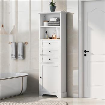 白色高储物柜，带 3 个抽屉和可调节搁板，适用于浴室、厨房和客厅，MDF 板，带喷漆饰面