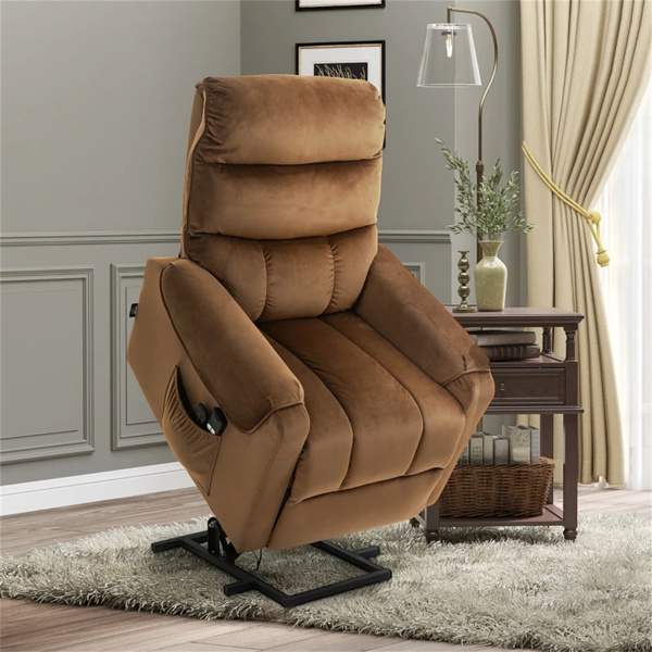 棕色灰色天鹅绒躺椅，动力升降椅，振动按摩，遥控-5