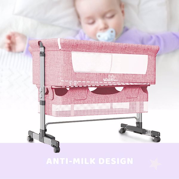 3合1床边婴儿床，可调节的便携式婴儿/婴儿/新生儿床，配有蚊帐，大收纳袋，舒适的床垫，可锁轮，粉色-3