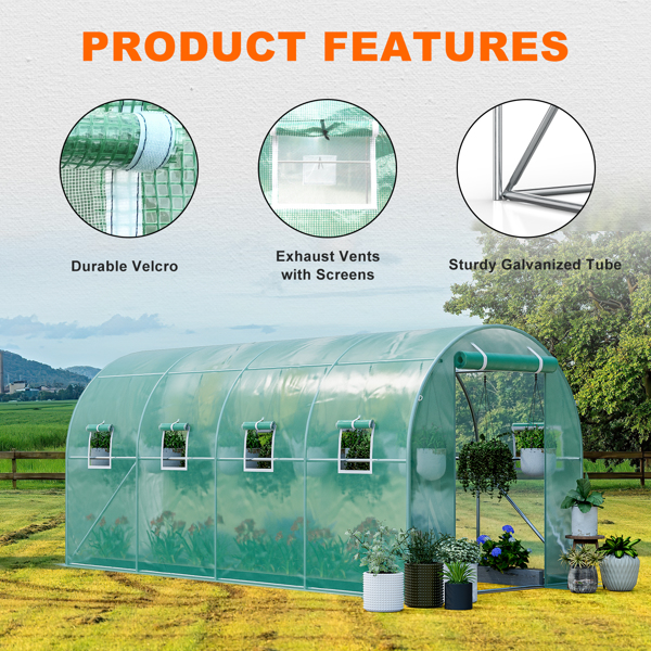 户外温室 15x7x7FT 升级版大型温室（适用于绿色花园植物）/ 重型镀锌钢架便携式步入式隧道帐篷-8