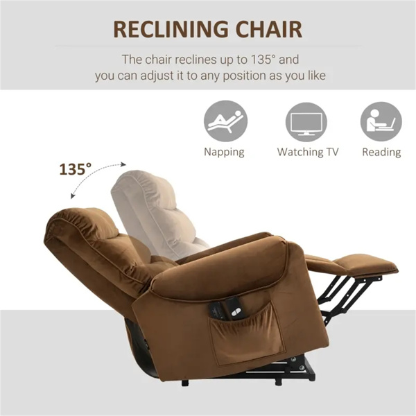 棕色灰色天鹅绒躺椅，动力升降椅，振动按摩，遥控-4