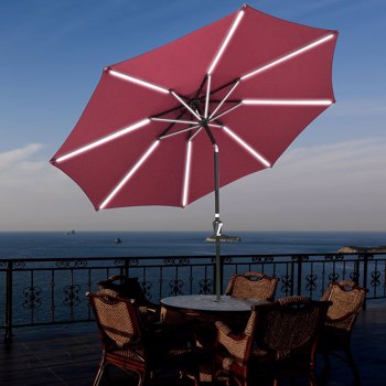 9英尺8肋户外太阳能露台伞LED桌伞，带LED条形灯和轮毂灯（周末不发货）