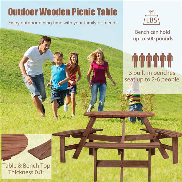 6 人圆形户外木制野餐桌，适用于露台、后院、花园、DIY，带 3 个内置长凳，容量 1720 磅 - 棕色-7