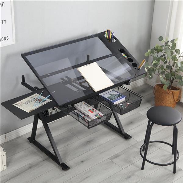 黑色可调节钢化玻璃绘图印刷桌带椅子-1