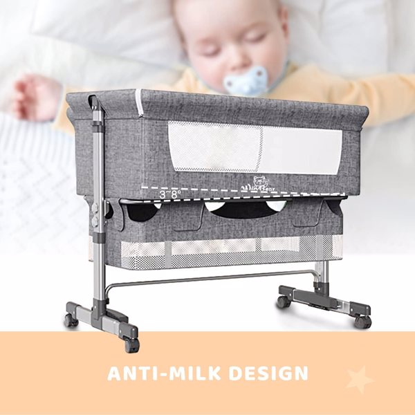 3合1床边婴儿床，可调节的便携式婴儿/婴儿/新生儿床，配有蚊帐，大收纳袋，舒适的床垫，可锁轮，灰色-4
